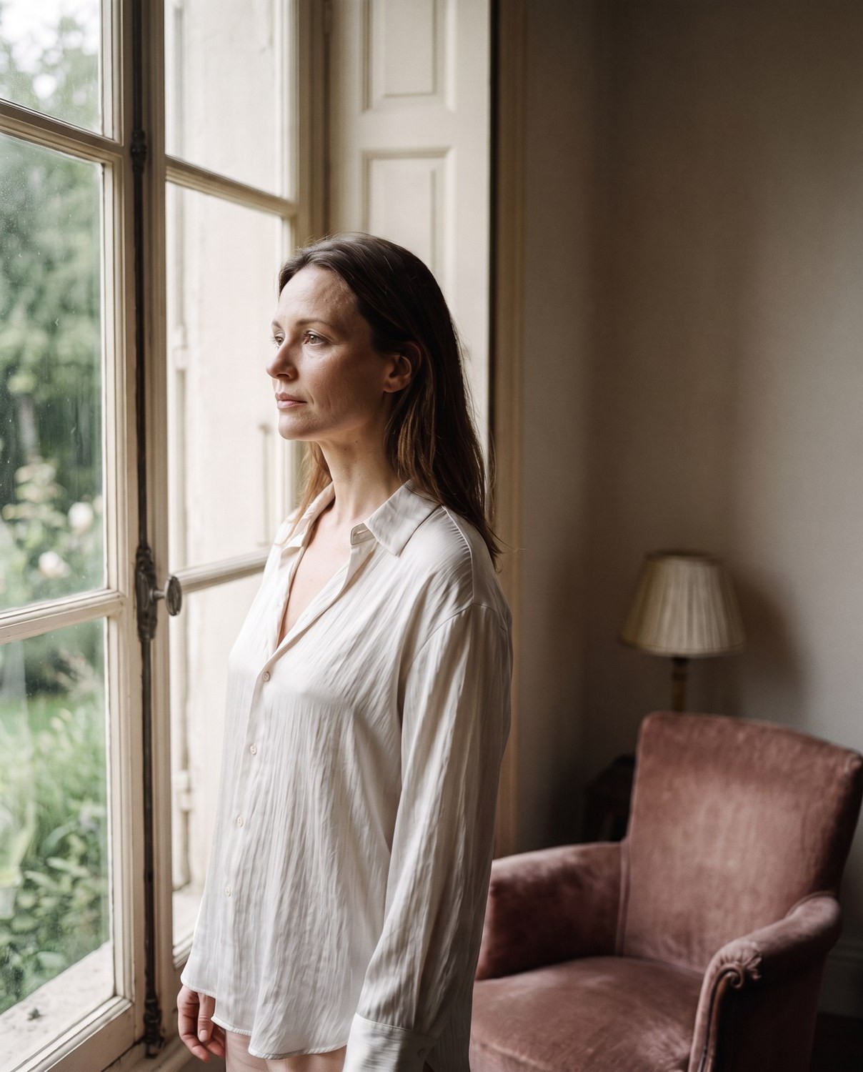 A woman considering rhinoplasty by a window
